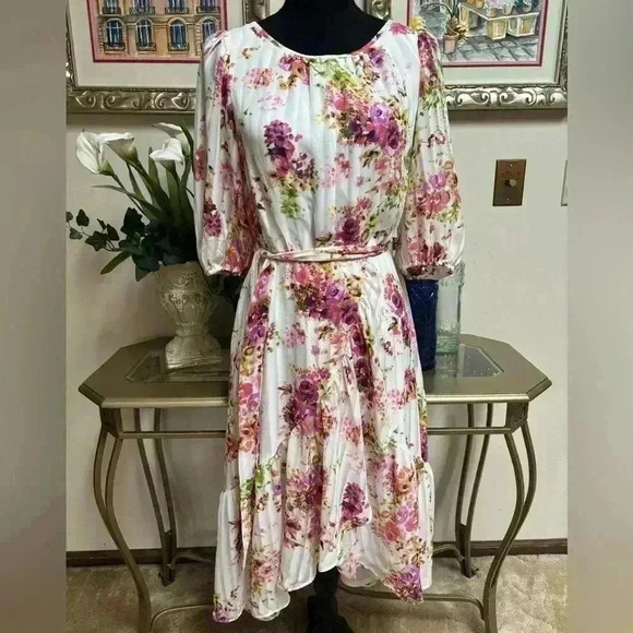 MAISON TARA PINK FLORAL RUFFLE SUMMER MIDI TIE SASH HI LOW DRESS SIZE SMALL🩷 - Picture 10 of 10